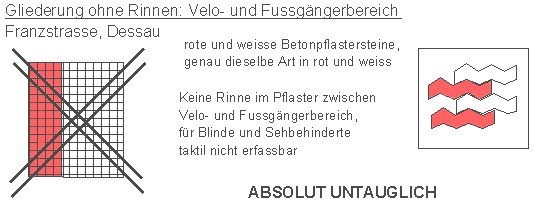 Gliederung ohne Rinnen: Velo- und
                        Fussg�ngerbereich sind nur farblich abgetrennt,
                        ohne taktile Gliederung, Beispiel Dessau
