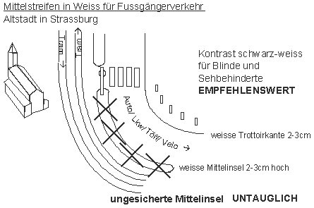 Mittelstreifen in Weiss für
Fussgängerverkehr, Strassburg Mittelstreifen in
Weiss für Fussgängerverkehr, Strassburg