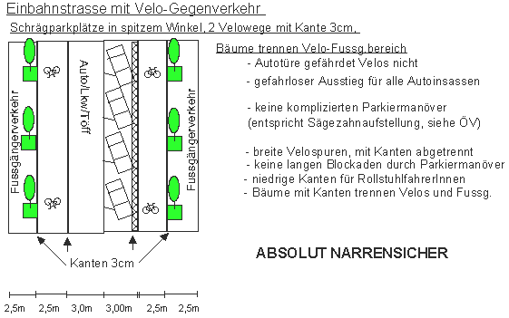 Einbahnstrasse mit
Velo-Gegenverkehr:
Schrägparkplätze in spitzem
Winkel, 2 Velowege mit Kante 3 cm Einbahnstrasse mit
Velo-Gegenverkehr:
Schrägparkplätze in spitzem
Winkel, 2 Velowege mit Kante 3 cm