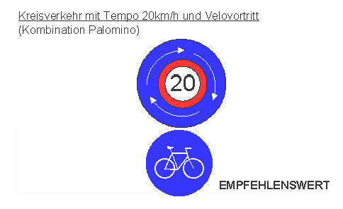 Signalisation Kreisverkehr
                    mit Tempobeschr�nkung 20 km/h und Velovortritt