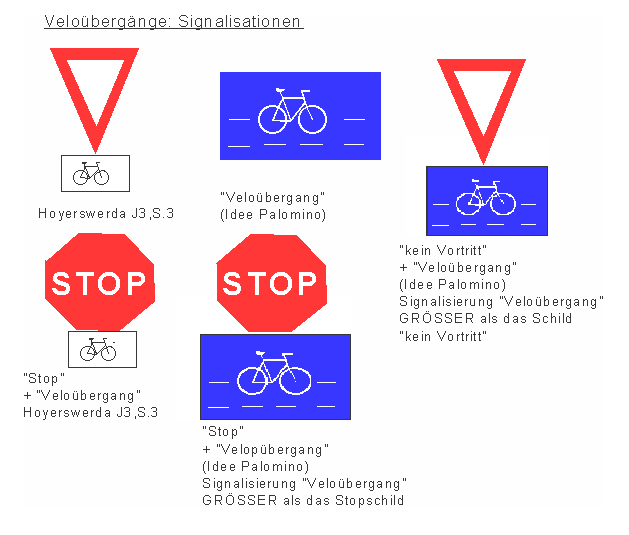 Signalisation Velo�bergang,
                    Velo�berg�nge ohne Text auch f�r Analphabeten,
                    Varianten (Hoyerswerda, Palomino)