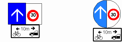 Signalisation einer Einbahnstrasse mit
                          einem Abstand von 10m zwischen Auto und Velo,
                          ausserdem Angabe von Tempo 30 mit Farbwechsel