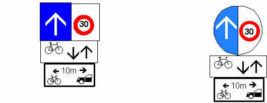 pVerkehrsschild Einbahnstrasse (eine
                          Richtung), Erg�nzung: Velos / Fahrrad im
                          Gegenverkehr erlaubt, weitere Erg�nzung: Der
                          Abstand zwischen Velos und nachfolgendem Auto
                          soll mindestens 10m betragen, ausserdem
                          Tempo-30-Angabe mit Farbwechsel