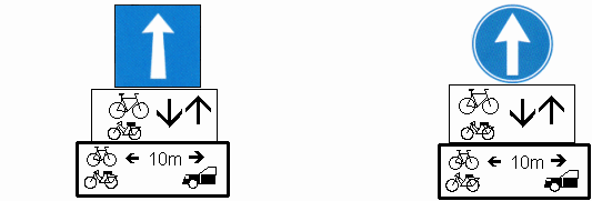 Einbahnstrasse (eine Richtung),
                          Erg�nzung: Velo / Fahrrad und Mofa im
                          Gegenverkehr erlaubt, Erg�nzung: Der Abstand
                          zwischen Velo / Fahrrad / Mofa und Auto soll
                          mindestens 10m betragen.