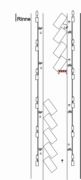 Parkplatzanordnung schr�g im 34-Grad-Winkel
                        in Einbahnstrasse im Versatz, erh�hte Velowege
                        beidseits ohne Versatz