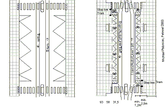 Umbau Tramstation mit
zwei erhöhten Velowegen vor den
wartenden Trampassagieren hindurch,
Stop bei Tram Umbau
Tramstation mit zwei erhöhten
Velowegen vor den wartenden
Trampassagieren hindurch, Stop bei
Tram
