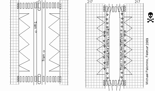 Velofeindlicher
Umbau einer Tramstation
mit Verschwenkung der
Geleise an den
Trottoirrand, und die
Velos / Fahrräder werden
durch die Schienen gejagt,
Beispiel:
Solothurnerstrasse, Basel Velofeindlicher Umbau
einer Tramstation mit
Verschwenkung der Geleise
an den Trottoirrand, und
die Velos / Fahrräder
werden durch die Schienen
gejagt, Beispiel:
Solothurnerstrasse, Basel