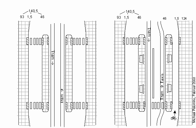 Umbau
einer
Inseltramstation
mit Veloweg /
Fahrradweg
hinter dem
Tramhäuschen
hindurch in
8cm hohen
Kanten.
Beispiel:
Tramstation
Kaserne,
Basel Umbau
einer
Inseltramstation
mit Veloweg /
Fahrradweg
hinter dem
Tramhäuschen
hindurch in
8cm hohen
Kanten.
Beispiel:
Tramstation
Kaserne,
Basel