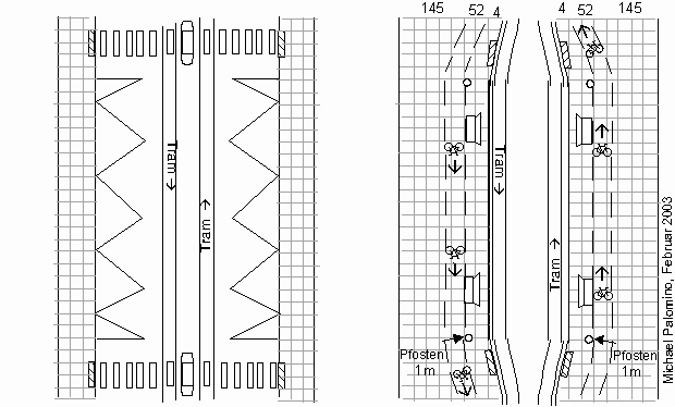 Tramhaltestelle
in
Fussgängerzone
mit zwei
Velowegen
hinter den
Tramhäuschen
hindurch Tramhaltestelle
in
Fussgängerzone
mit zwei
Velowegen
hinter den
Tramhäuschen
hindurch