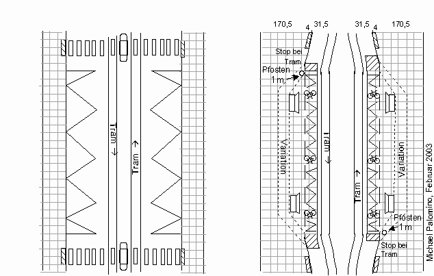 Tramstation
in
Fussgängerzonge,
angehobene
Velowege auf
Zickzacklinie
führen
ungestört vor
den
Trampassagieren
hindurch. Stop
bei Tram Tramstation
in
Fussgängerzonge,
angehobene
Velowege auf
Zickzacklinie
führen
ungestört vor
den
Trampassagieren
hindurch. Stop
bei Tram