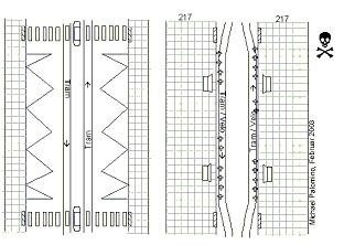 Untauglicher
Umbau einer
Tramstation in
einer
Fussgängerzone
zu einer
Kaphaltestelle,
Schienen an
den
Trottoirrand
verschwenkt,
Velos werden
in die
Schienen
gejagt Untauglicher
Umbau einer
Tramstation in
einer
Fussgängerzone
zu einer
Kaphaltestelle,
Schienen an
den
Trottoirrand
verschwenkt,
Velos werden
in die
Schienen
gejagt