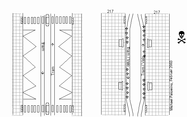 Umbau
einer
Tramstation in
einer Strasse,
die
Fussgängerzone
wird: Die
Tramschienen
werden an den
Trottoirrand
der
Kaphaltestelle
verschwenkt,
die Velos /
Fahrräder
werden in die
Tramschienen
gejagt. Umbau
einer
Tramstation in
einer Strasse,
die
Fussgängerzone
wird: Die
Tramschienen
werden an den
Trottoirrand
der
Kaphaltestelle
verschwenkt,
die Velos /
Fahrräder
werden in die
Tramschienen
gejagt.