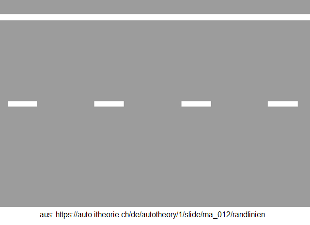 18a.
Randlinien: Durchgezogene Linien zur
Orientierung -- 18b. Randlinien auf
Autobahnen: Durchgezogene Linien
markieren den Pannenstreifen 18a.
Randlinien: Durchgezogene Linien zur
Orientierung -- 18b. Randlinien auf
Autobahnen: Durchgezogene Linien
markieren den Pannenstreifen
