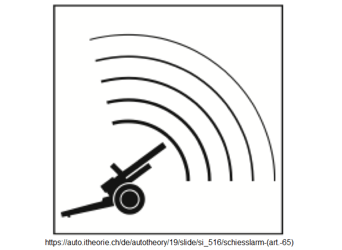 15. Ergänzungssignal: Achtung
Schiesslärm möglich (Art. 65) 15.
Ergänzungssignal: Achtung Schiesslärm
möglich (Art. 65)