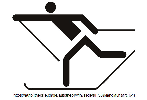 36. Ergänzungssignal Langlauf,
Loipe kreuzt die Strasse (Art. 64) 36. Ergänzungssignal Langlauf, Loipe
kreuzt die Strasse (Art. 64)