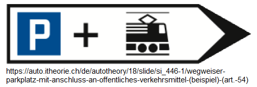 47. Wegweiser Park+Ride: «Parkplatz mit
Anschluss an öffentliches Verkehrsmittel»
(Beispiel: Zug) (Art. 54) 47. Wegweiser
Park+Ride: «Parkplatz mit Anschluss an
öffentliches Verkehrsmittel» (Beispiel: Zug)
(Art. 54)