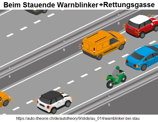 17. Bei Stau auf Autobahnen und
Autostrassen: Warnblinker und sofort
Rettungsgasse bilden 17. Bei Stau auf
Autobahnen und Autostrassen: Warnblinker und
sofort Rettungsgasse bilden