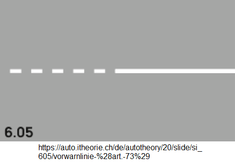 5.
Die Vorwarnlinie (Art.73): kurz
gestrichelte Leitlinie vor einer
Sicherheitslinie 5. Die
Vorwarnlinie (Art.73): kurz gestrichelte
Leitlinie vor einer Sicherheitslinie