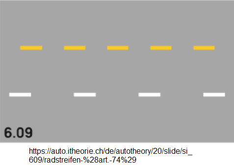 9. Radstreifen mit gestrichelter,
gelber Leitlinie (Art.74) 9.
Radstreifen mit gestrichelter, gelber
Leitlinie (Art.74)