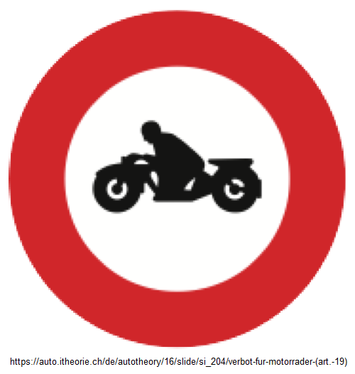 4. Verbotssignal: Verbot für
Motorräder: Motos, Vespas (Art. 19) 4. Verbotssignal: Verbot für
Motorräder: Motos, Vespas (Art. 19)