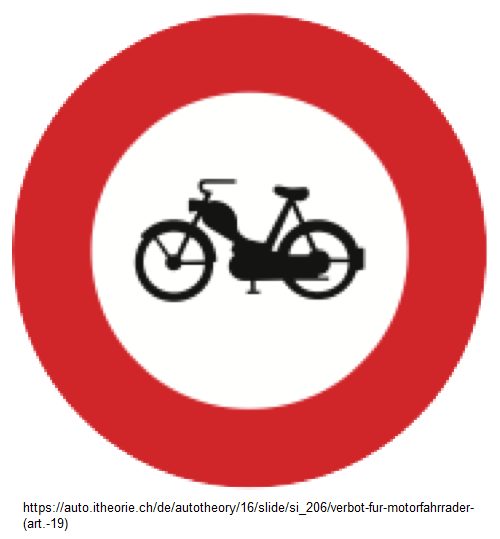 6. Verbotssignal: Verbot für
Motorfahrräder / Mofa (Art. 19) 6.
Verbotssignal: Verbot für Motorfahrräder /
Mofa (Art. 19)