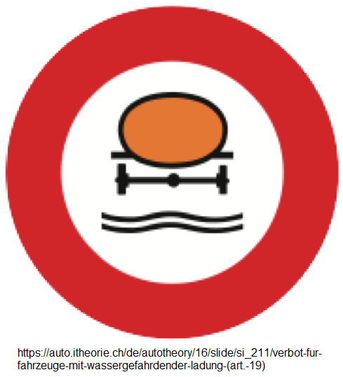 12. Verbotssignal: Verbot für
Fahrzeuge mit wassergefährdender Ladung
(Art. 19) 12. Verbotssignal: Verbot
für Fahrzeuge mit wassergefährdender
Ladung (Art. 19)