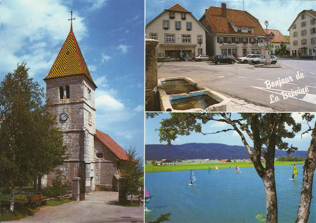 La Br�vine, Postkarte mit Kirche und See