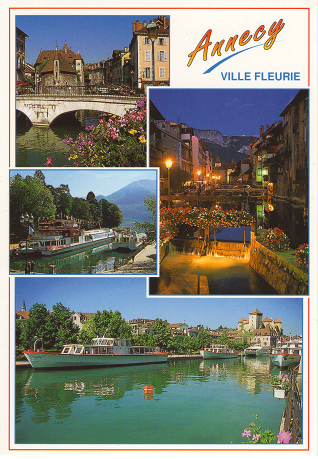 Ansichtskarte "Annecy ville
fleurie" ("Annecy, die blumige Stadt")
mit Blumen, Brücken, Kanälen und Booten Ansichtskarte
"Annecy ville fleurie" ("Annecy, die
blumige Stadt") mit Blumen, Brücken, Kanälen und
Booten