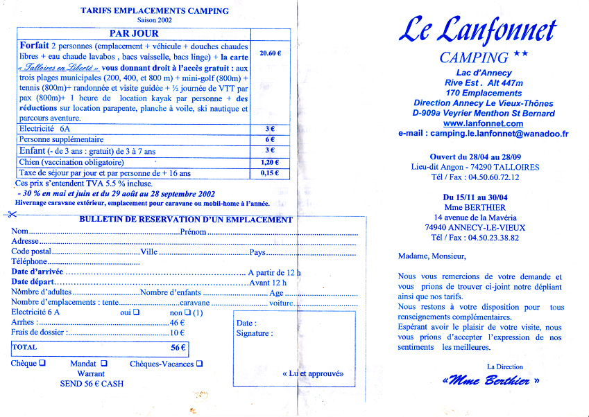 Talloires, Camping Le Lanfonnet, Preisliste Talloires, Camping Le Lanfonnet, Preisliste