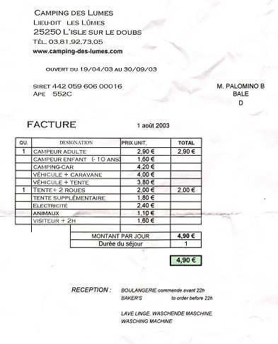 Der Camping von Isle sur le Doubs, Quittung