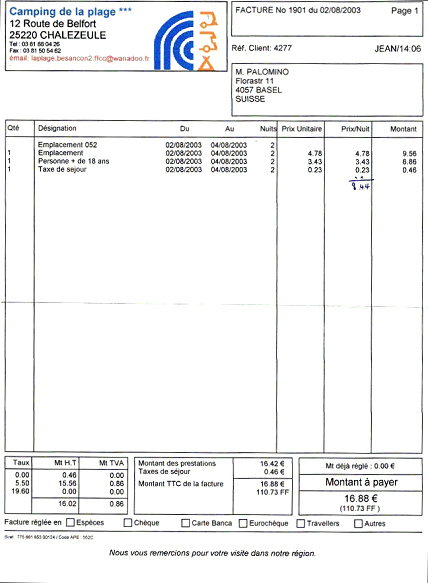 Besan�on, der Camping in Chalezeule, Quittung
                    f�r zwei N�chte (2003)
