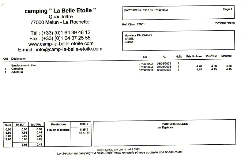 Melun Camping Quittung re�u