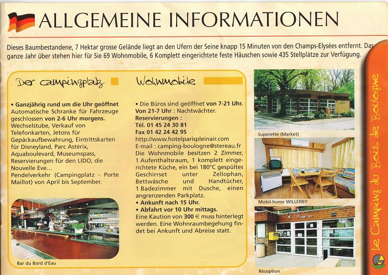Campingplatz von Paris, Prospekt mit
                    Informationen