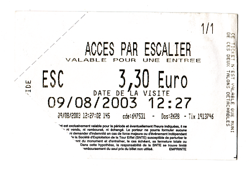 Paris
                            Eiffelturm Billet ein Niveau R�ckseite, Tour
                            Eiffel, Eiffel Tower, Eintrittskarte,
                            ticket
