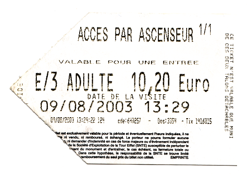 Paris
                            Eiffelturm Billet ganz nach oben, R�ckseite,
                            tour Eiffel Fahrkahrte ticket, Eiffel tower