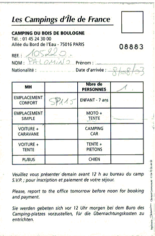 Paris Camping Quittung re�u