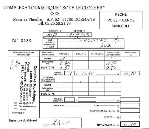 Dormans Camping Quittung re�u