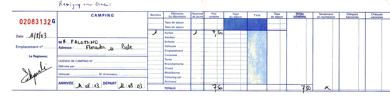 Revigny
                    sur Ornans Camping Quittung