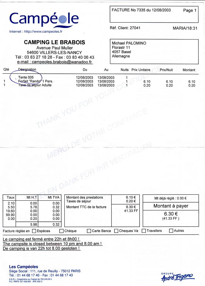 Nancy Camping Quittung re�u