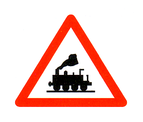 Verkehrszeichen: Gefahrsignal Achtung
                      Bahn�bergang ohne Schranke