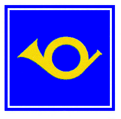 Verkehrszeichen: Hinweissignal
                      Bergpoststrasse mit Posthorn-Postauto