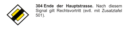 Verkehrszeichen: Ende der Hauptstrasse, kein
                      Vortritt mehr