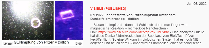 Video vom 6.1.2022: 6.1.2022: Inhaltsstoffe von
Pfizer-Impfstoff unter dem Dunkelfeldmikroskop -
tödlich Video vom 6.1.2022: 6.1.2022:
Inhaltsstoffe von Pfizer-Impfstoff unter dem
Dunkelfeldmikroskop - tödlich