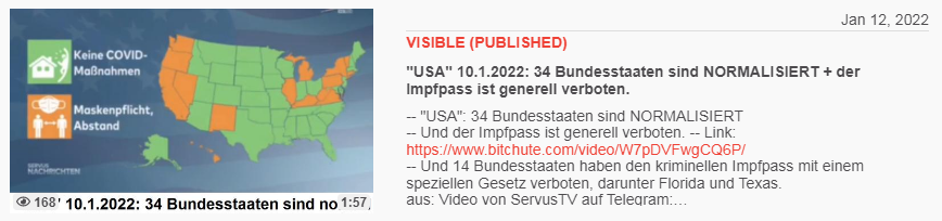 Video vom 12.1.2022: "USA" 10.1.2022:
34 Bundesstaaten sind NORMALISIERT + der Impfpass ist
generell verboten. Video vom 12.1.2022:
"USA" 10.1.2022: 34 Bundesstaaten sind
NORMALISIERT + der Impfpass ist generell verboten.