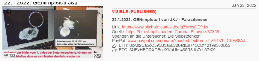 Video vom 22.1.2022: 22.1.2022: GENimpfstoff
von J&J - Parasiteneier Video vom 22.1.2022:
22.1.2022: GENimpfstoff von J&J - Parasiteneier