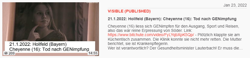 Video vom 23.1.2022: 21.1.2022: Hollfeld
(Bayern): Cheyenne (16): Tod nach GENimpfung Video vom 23.1.2022: 21.1.2022: Hollfeld
(Bayern): Cheyenne (16): Tod nach GENimpfung
