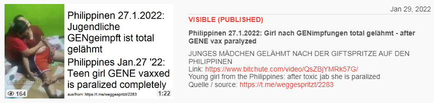 Video vom 29.1.2022: Philippinen 27.1.2022:
Girl nach GENimpfungen total gelähmt - after GENE vax
paralyzed Video vom 29.1.2022: Philippinen
27.1.2022: Girl nach GENimpfungen total gelähmt -
after GENE vax paralyzed