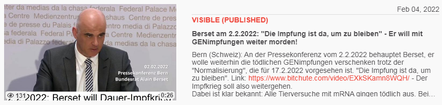 Video vom 4.2.2022: Berset am 2.2.2022:
"Die Impfung ist da, um zu bleiben" - Er
will mit GENimpfungen weiter morden! Video vom
4.2.2022: Berset am 2.2.2022: "Die Impfung ist
da, um zu bleiben" - Er will mit GENimpfungen
weiter morden!