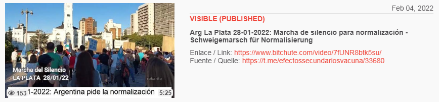 Video vom 4.2.2022: Arg La Plata 28-01-2022:
Marcha de silencio para normalización - Schweigemarsch
für Normalisierung Video vom 4.2.2022: Arg La
Plata 28-01-2022: Marcha de silencio para
normalización - Schweigemarsch für Normalisierung