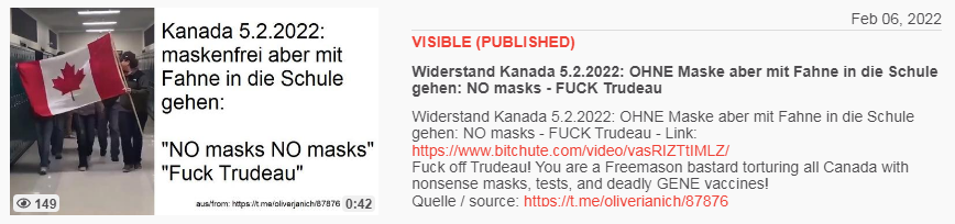 Video vom 6.2.2022: Widerstand Kanada 5.2.2022:
OHNE Maske aber mit Fahne in die Schule gehen: NO
masks - FUCK Trudeau Video vom 6.2.2022:
Widerstand Kanada 5.2.2022: OHNE Maske aber mit Fahne
in die Schule gehen: NO masks - FUCK Trudeau